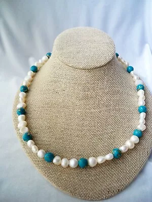 Vintage Baroque Freshwater Pearl & Faux Turquoise Bead Necklace • $17.85
