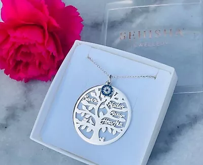 Personalised 925 Sterling Silver Family Tree Name Necklace With Evil Eye • £28.50