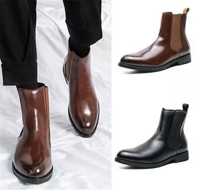 Mens Pull On Faux Leather Round Toe Ankle Boots Dress Shoes Punk Casual Outdoor • $44.99