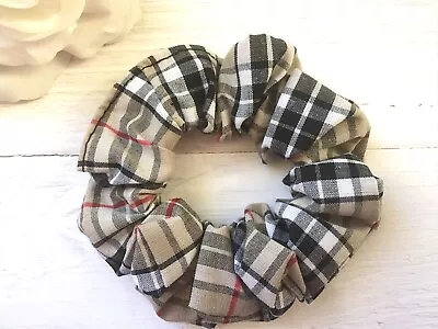 Beige Tartan Cotton Fabric Hair Scrunchie Ponytail Tie Bun Band Elastic Stretch  • £3.99