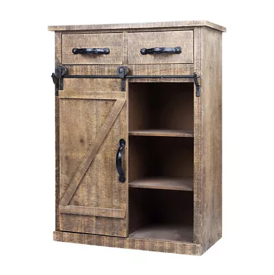 32  Rustic Wood Storage Cabinet With Sliding Barn Doors And 2 Drawers Farmhouse • $166.99