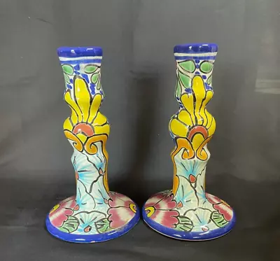 Pair Of La Maceta Talavera Ceramic Candlesticks Hand Painted Mexico Candle • $37.99
