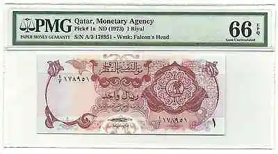 Qatar Monetary Agency Banknote 1 Riyal ND 1973 P1a PMG GEM UNC 66 EPQ Rare Grade • $349.99