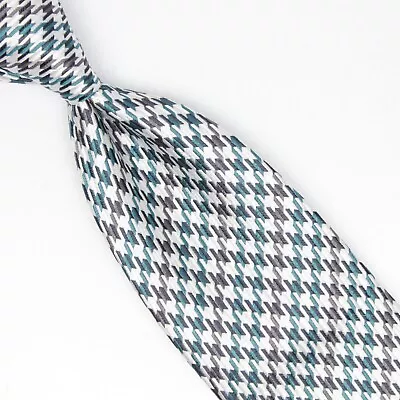 Josiah France Mens Silk Necktie Green Gray White Houndstooth Check Weave Tie  • $39.99