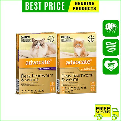 ADVOCATE Monthly Heartworm Flea Worm Prevention For Cats 3 Pipettes FREE Ship • $48.98