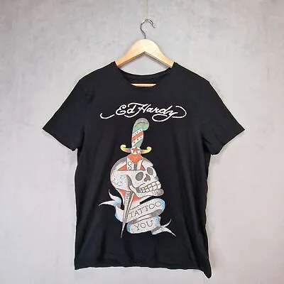 Ed Hardy Tshirt Shirt Mens Large Black Tattoo Skull Print Short Sleeve Crew Neck • £19.99