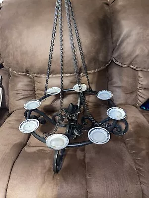 VINTAGE Wrought Cast Iron 8 CANDLE HOLDER CHANDELIER Hanging Candelabra Black • $99.99