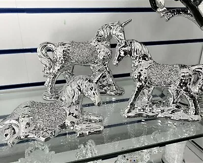 Xl Set Of 3 Silver Unicorn Sparkle Bling Ornament Crushed Diamond Home Decor • £29.99