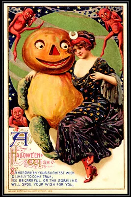 Pumpkin Guy Beauty Girl Demons Wish Come True Halloween Vintage Poster Repro • $10.96