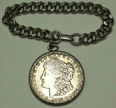 1921 Morgan Silver Dollar $1 Coin Bracelet With Engraved Silver Bezel • $164.92