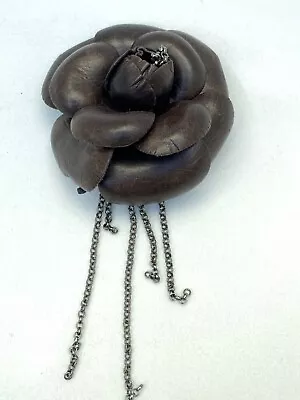 Chanel Vintage Leather Camellia Pin Brooch Corsage Brown Chain Silver • $319