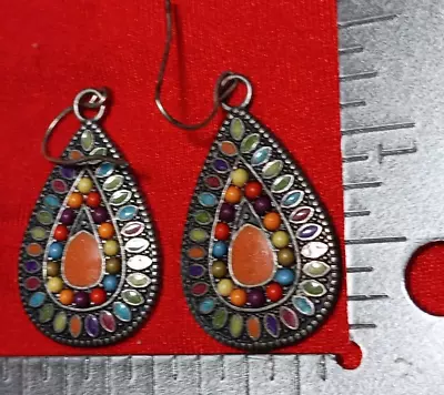 MOROCCAN WATER DROP MOSAIC ENAMEL FRENCH WIRE EARRINGS 1 3/8x7/8  Boho Mod Hip • $14.99