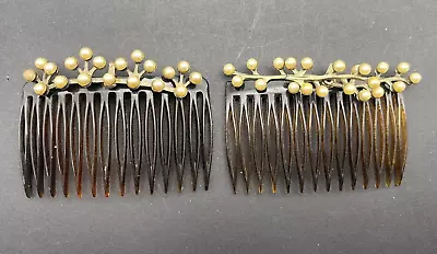 Vintage Brown Hair Combs Silver Metal Faux Pearls  1950s Set Of  2 Unsigned • $17.60