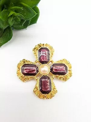 Vintage Brooch Pin Lia Signed Cross Maltese Gold Tone Purple Enamel • $11.99