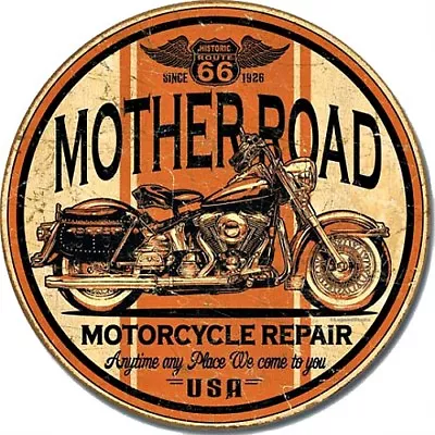 Mother Road Route 66 Motorcycle 12  Round Tin Sign Nostalgic Metal Sign Decor • $11.99