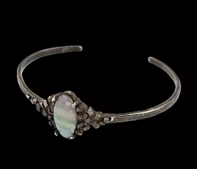 Vintage Sterling Silver Opal Bangle Cuff Brutalist Bracelet 6.75  • $57.50