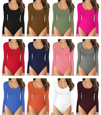 New Women Long Sleeve Leotard Bodysuit Top Ladies Stretchy Body Top T Shirt 8-26 • £5