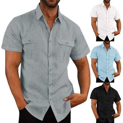 Men's Double Pocket Cotton Linen Short Sleeve Shirts Casual Vacation Button Tops • £7.18