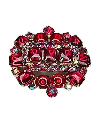 Vintage Weiss Red And Aurora Borealis Rhinestone Brooch Pin Gold Tone • $32.90