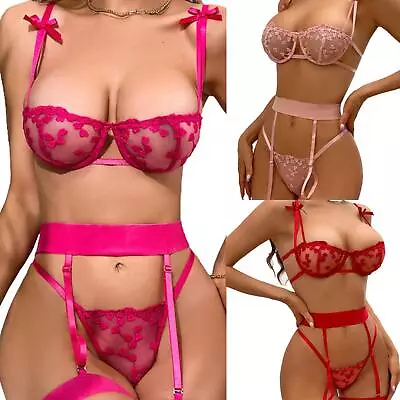 Chiffon Peignoir Set Underwear Women Sexy Lingerie Set Lace Bra And Panty Set • $34.87