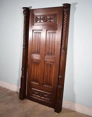 82  Tall Vintage French Solid Oak Gothic Wood Door W/Highly Carved Side Pieces • $1725