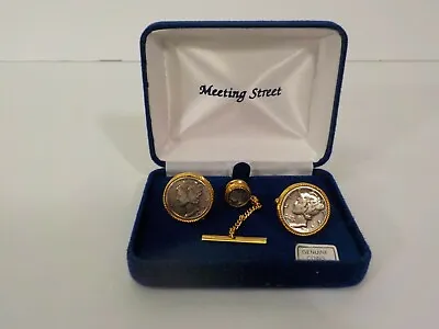 $139.99 • Buy Genuine Silver Mercury Dime U.S. Coin Cufflinks & Tie Tac, Gold Tone Mountings 
