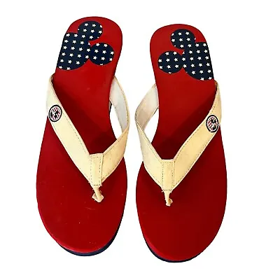 Mickey Mouse Flip Flops Size 9/10 Large 3.5  Rubber Wedge Thongs Red White Blue • $19.99