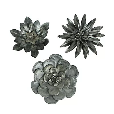 Set Of 3 Galvanized Metal Flower Sculptures Wall Hanging Home Decor Floral Art • $36.99