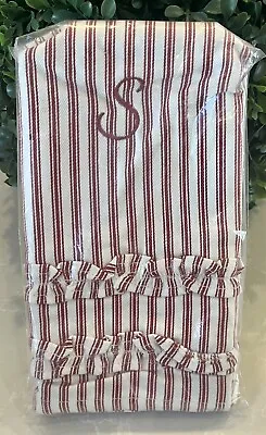 Pottery Barn Red Ticking Stripe Ruffle Guest Hand Towel ~Monogrammed “S” ~ Set/2 • $32.99