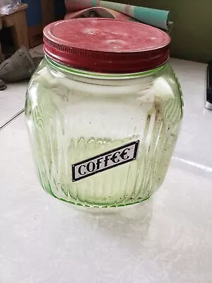 Vtg Hoosier Vaseline Glass 1 Gallon Coffee Jar With Red Lid • $125