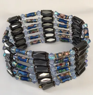 Hematite Cloisonne Bead Wrap Bracelet Necklace Magnetic Blue Black 38” • $14