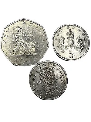 Old United Kingdom-3 British Coins :50 Pence 1969-5 Pence 1970- 1 Shilling 1956 • £42.76