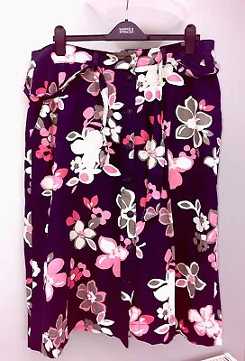 M&S Collection Blue Floral Linen Blend Skirt Size UK 18 Button Up Pockets & Tie • £4.75