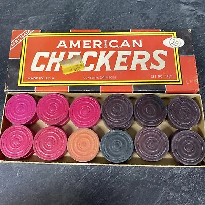 AMERICAN CHECKERS BY HALSAM SET 145H WOOD CHECKERS VINTAGE Red And Black Stars • $11.79