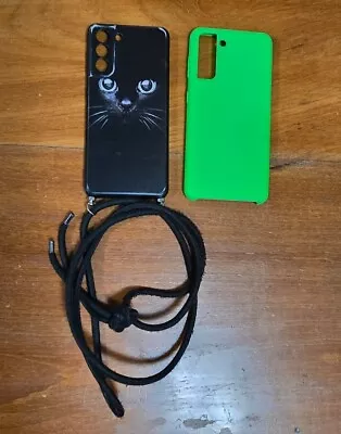 Samsung S21 Cases/covers – Lime Green + Black With Cat & Lanyard – Lot Of 2 • $8.75