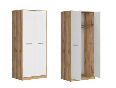 Double Wardrobe Storage 2 Door Bedroom Unit White Matt & Oak Finish Slim Matos • £239.95