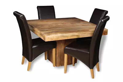 Solid Mango Wood Light Dakota 120cm Dining Table & 4 Leather Chairs (2 Styles) • £797.95