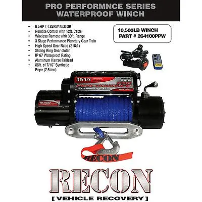 RECON 264100PPW 12VDC 6.5HP MOTOR 10500lb Accessory Winch • $1143.95