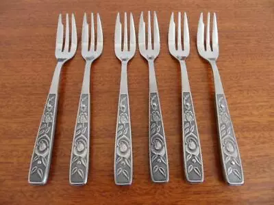 Vintage Retro Set X 6 Stainless Steel Wood Rose Floral Cake Pastry Forks Japan • $26.95