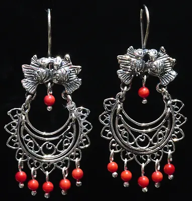 Taxco Mexican 925 Silver Kissing Birds Coral Dangle Earrings Frida Kahlo Style • $65.44