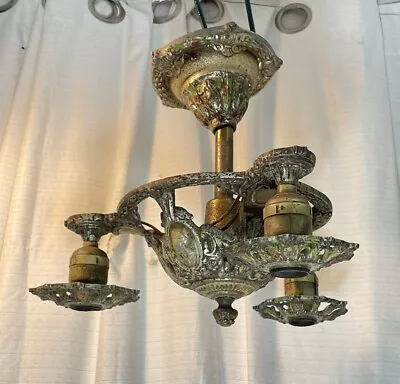 Antique 3 Light Polychrome Semi Flush Chandelier Ceiling Fixture • $135