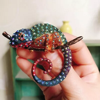 Sparkly Colorful Enamel Crystal Chameleon Lizard Brooch Pin Jewelry Gift • $8.99