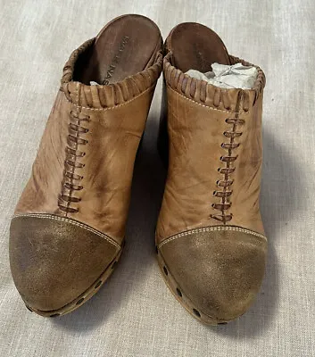 $180 Mark Nason Tan Distressed Leather Wedge Mules Clogs Womens 9 M Italy SB • $29.96