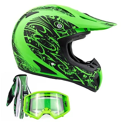 Adult Matte Green Motocross Helmet Combo Gloves Goggles Off-road Dirt Bike ATV • $78