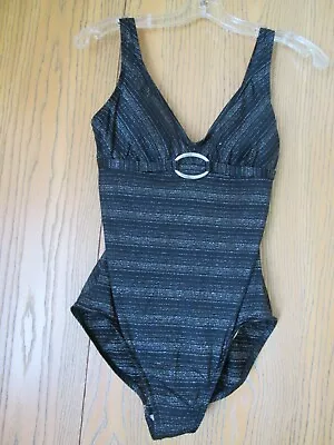 VTG - VIA MARINA Womens One Piece Swimsuit  Size 8 Black/Silver -  Built In Cups • $22.50