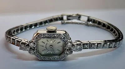 Vintage Hamilton Ladies Diamonds Cocktail Watch 14K White Gold Estate Antique • $895