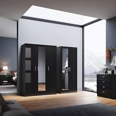 Black High Gloss Bedroom Furniture Set Wardrobe Chest Of Drawer Bedside Cabinet • £134.98