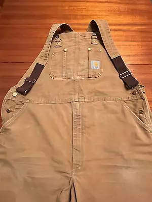 Carhartt Men's R01 Double Knee Brown Cotton Duck Overalls Size 46/32 XL Used • $59.95