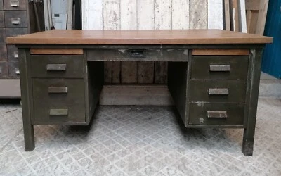 £895 • Buy ORIGINAL VINTAGE INDUSTRIAL METAL KNEEHOLE DESK WITH OAK TOP C.1950s Ref M1657