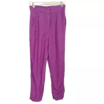 Vtg 80s 90s BRIGHT PURPLE Linen High Waist Pants Flowy Women M Paper Bag Retro • $24.99